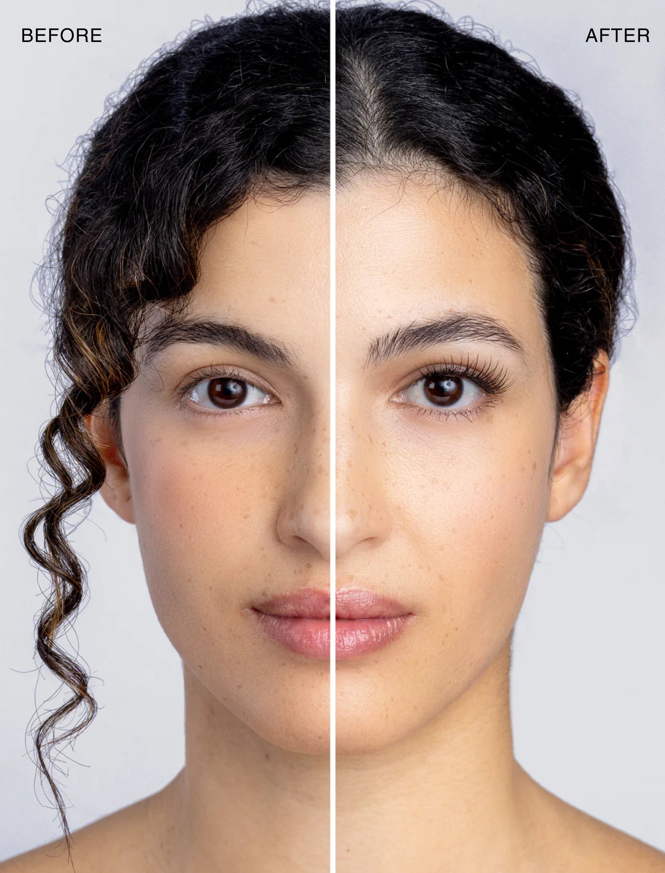 Before and after comparison of a woman's face with text indicating size M.