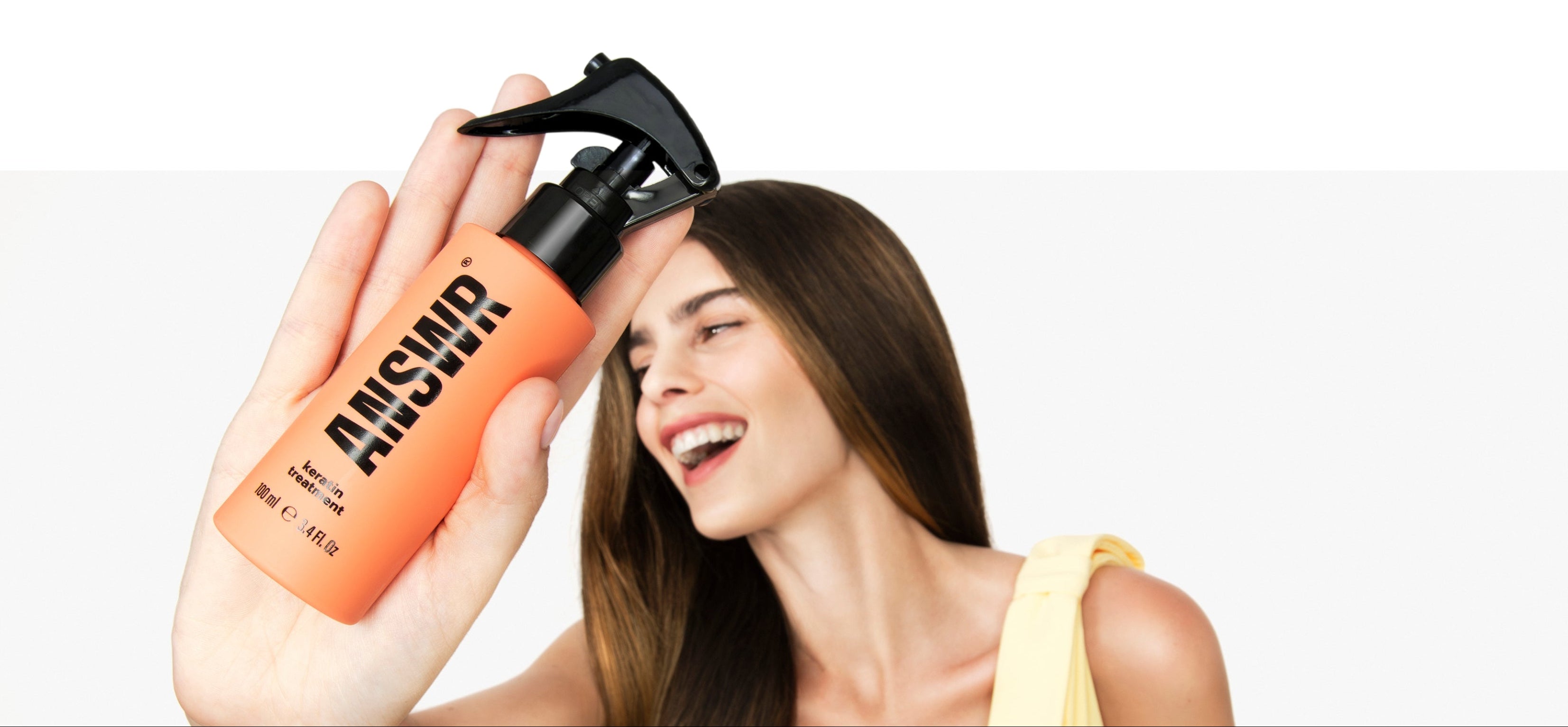 Woman holding an orange bottle with text about product love and customer support on a white background