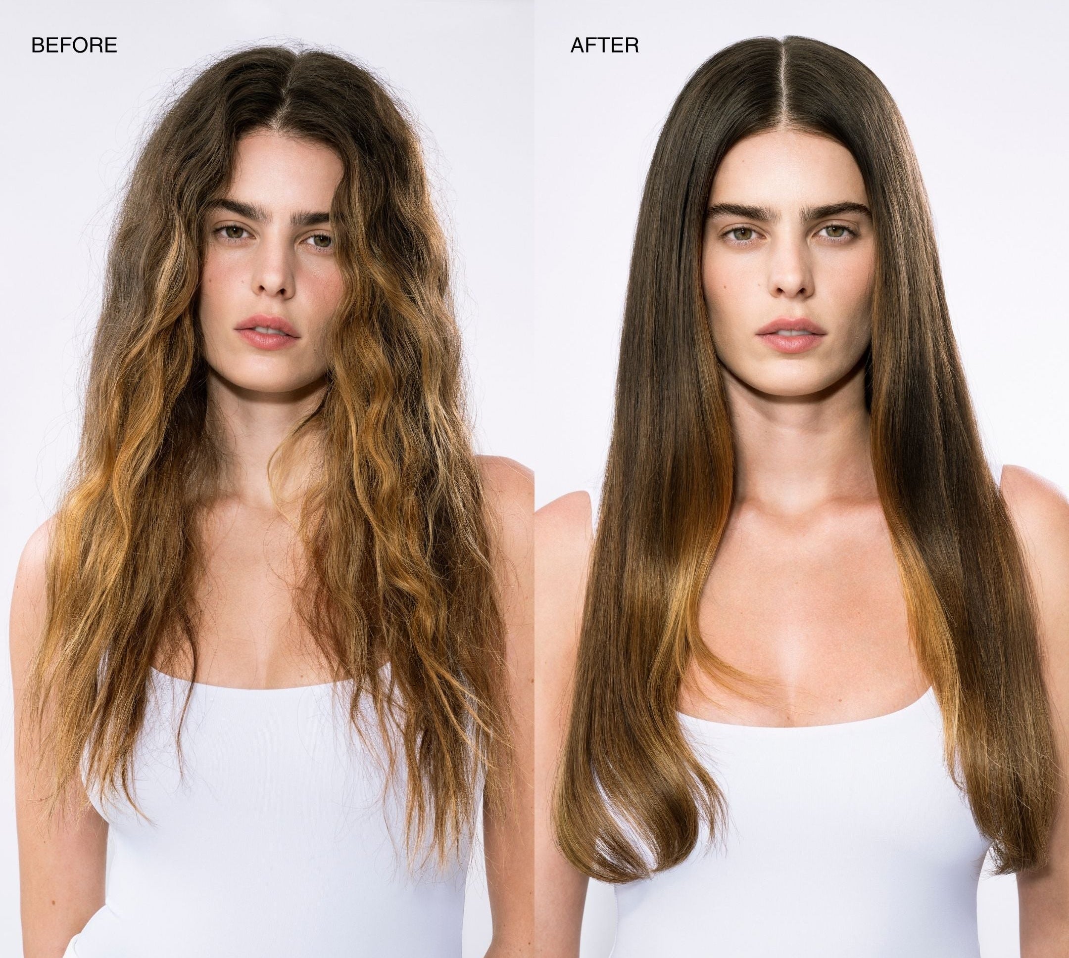 Before and after comparison of a woman with straightened hair on a white background