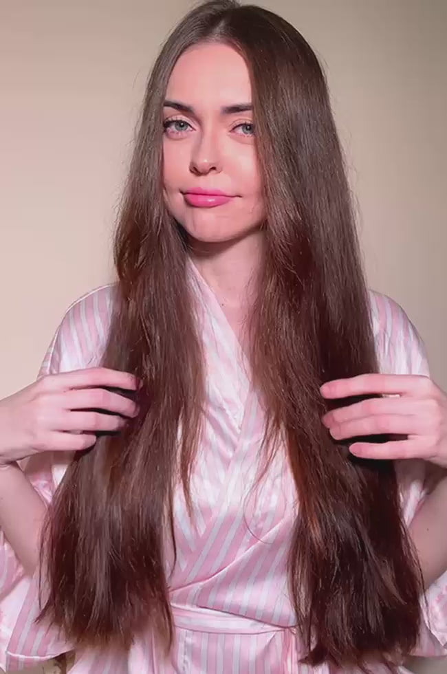 Before and after video of woman showing ANSWR at-home keratin treatment in use