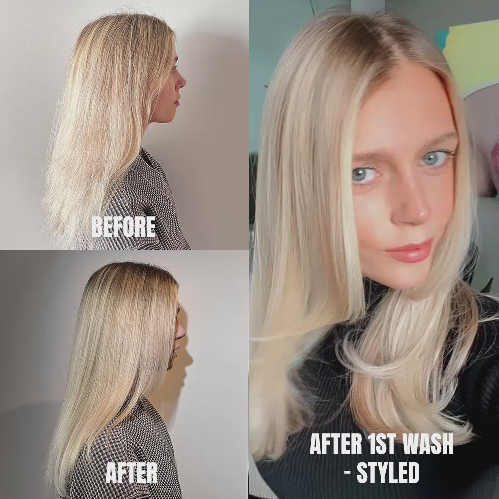 Woman showing the results of ANSWR at-home keratin treatment